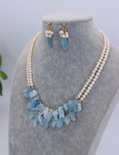 Freshwater Pearls and Natural Aquamarine Beaded Necklace.