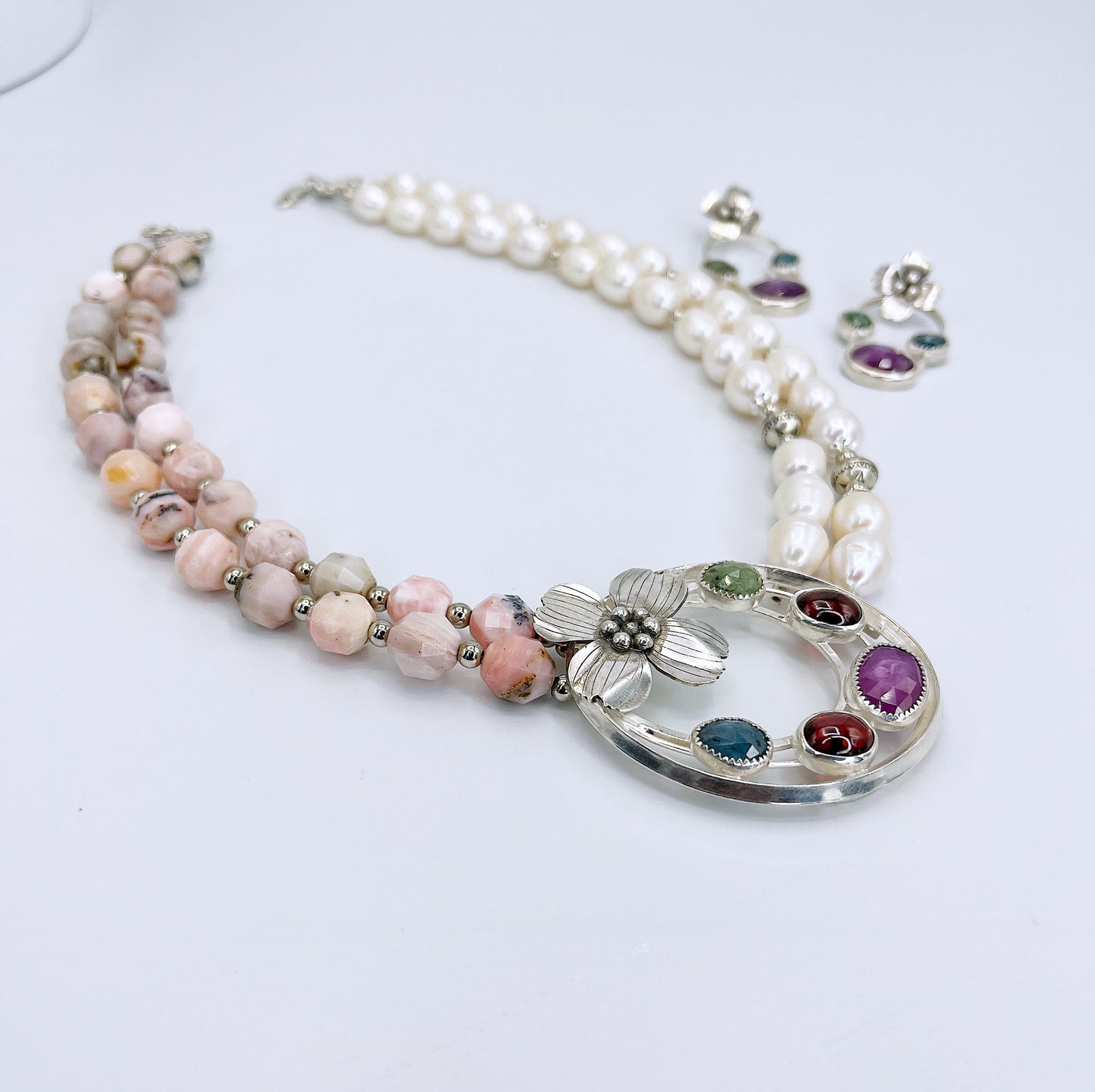 Mixed Gemstone Sterling Silver Pendant and Bead Set