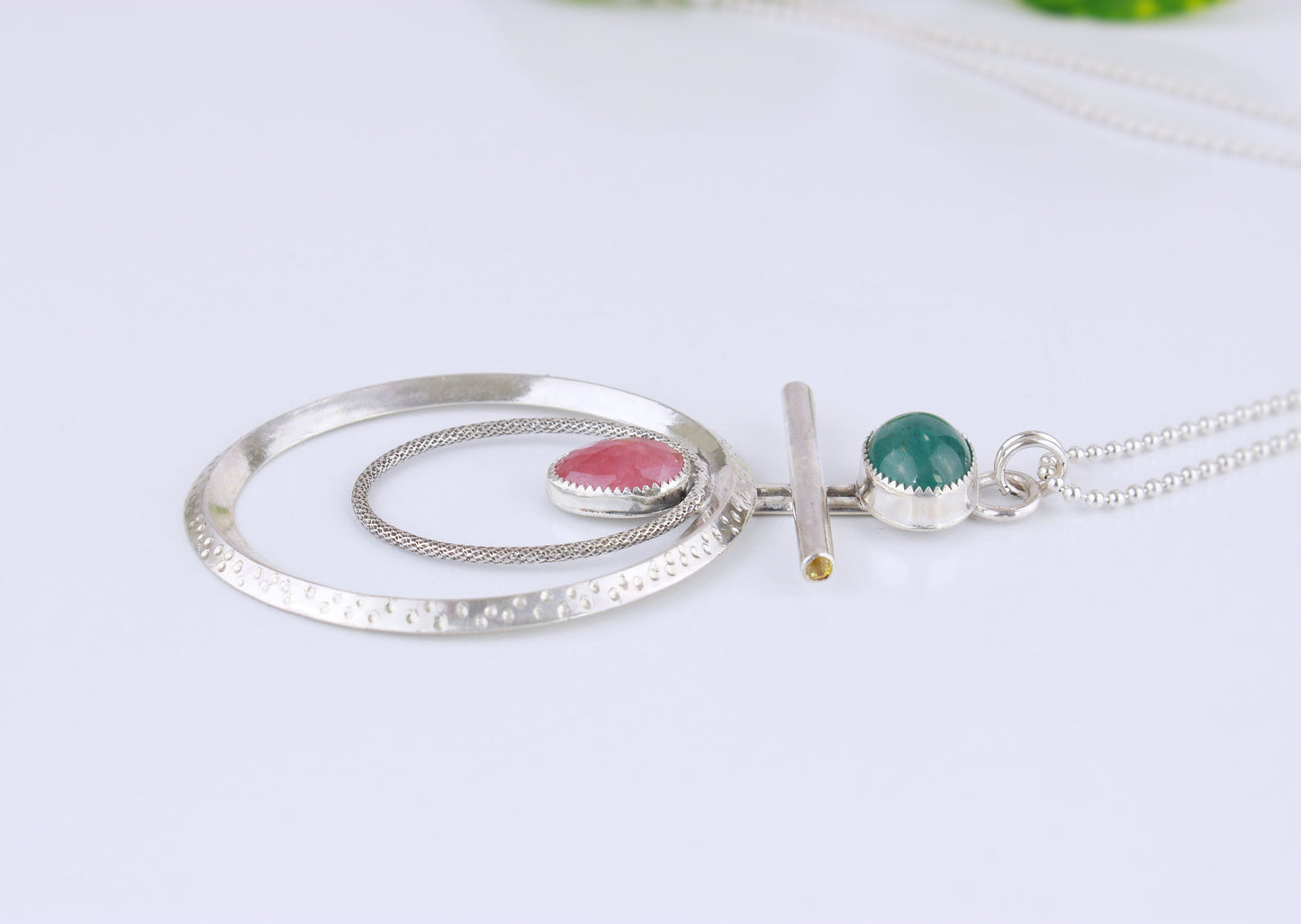 Emerald and Tourmaline Hoop Pendant Necklace