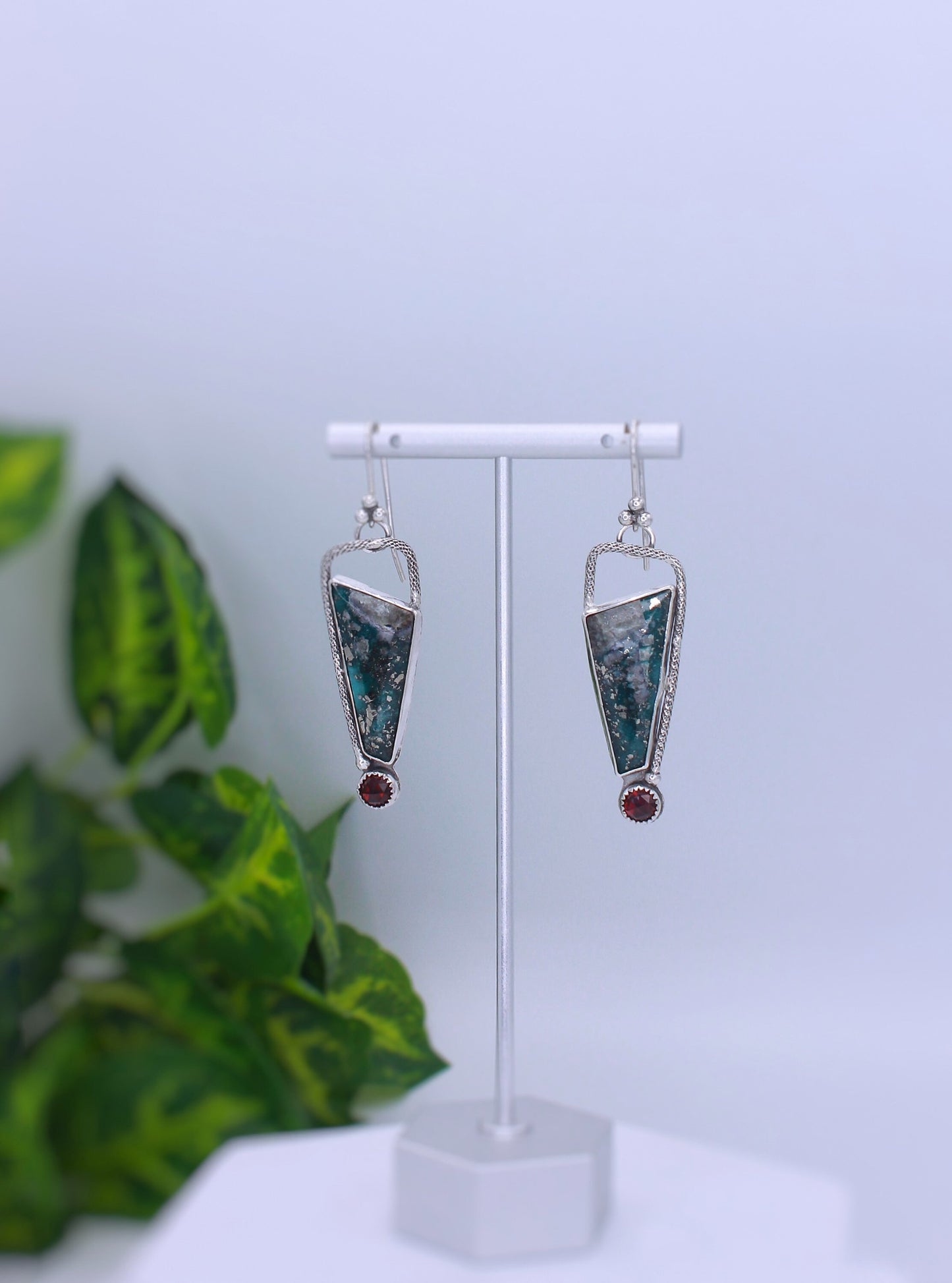 Persian geometric turquoise and garnet dangle earrings.