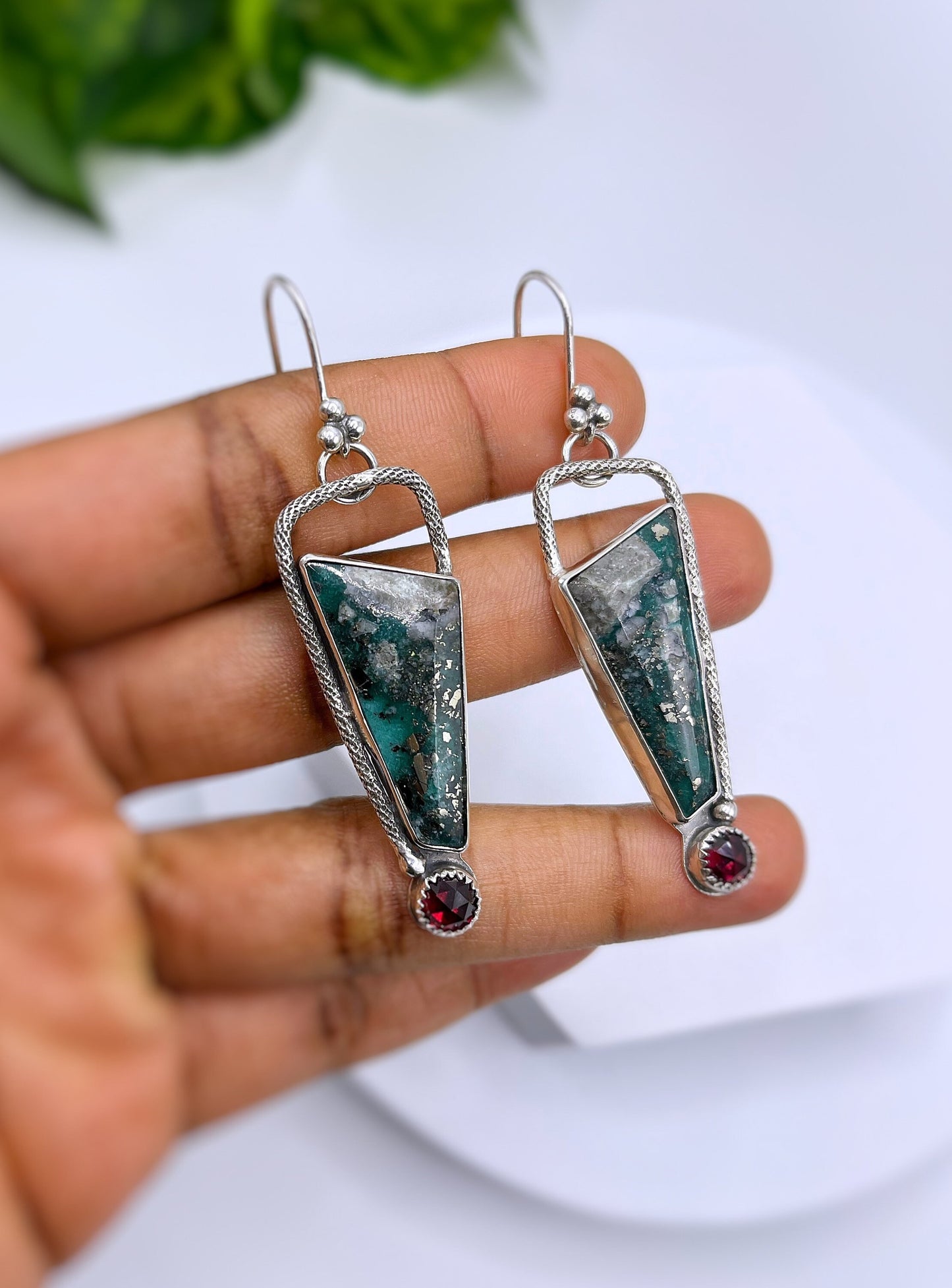 Persian geometric turquoise and garnet dangle earrings.