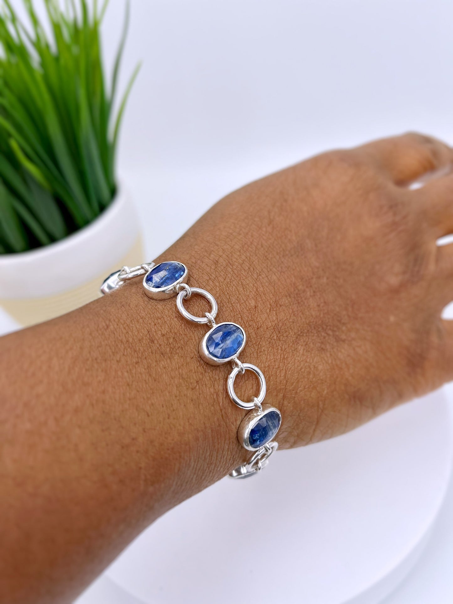 Sterling silver gemstone chain link bracelets, kyanite silver bracelet, serpentine sterling silver bracelet, pink sapphire silver bracelet