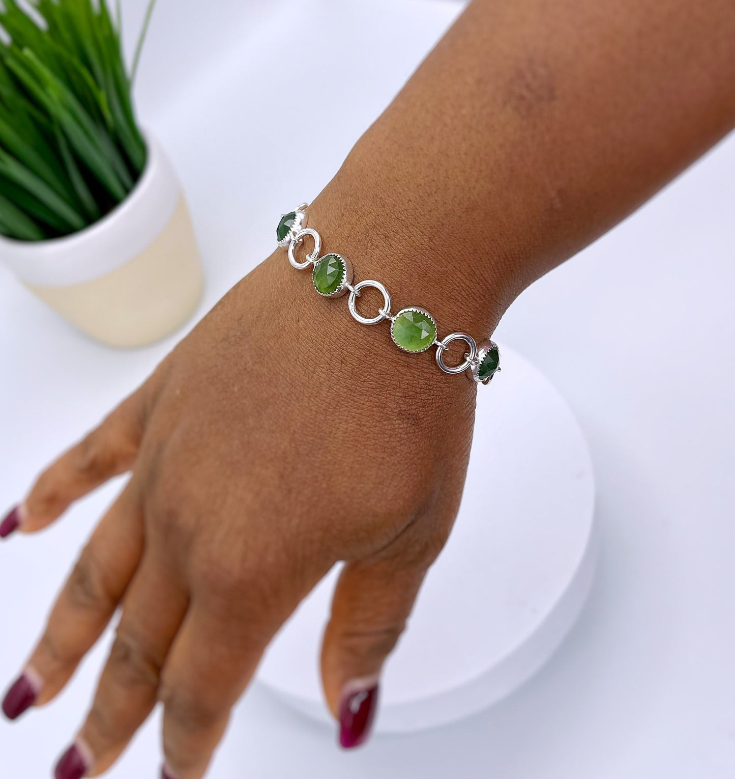 Sterling silver gemstone chain link bracelets, kyanite silver bracelet, serpentine sterling silver bracelet, pink sapphire silver bracelet