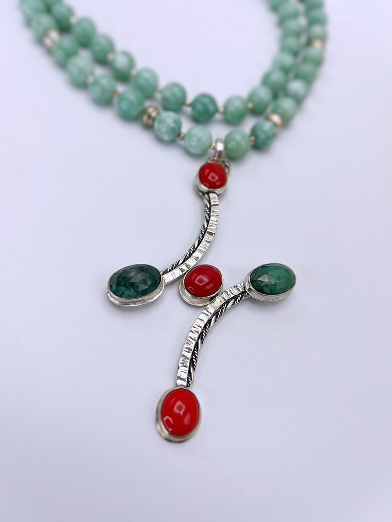 Green Jade, Emerald and Coral beaded necklace