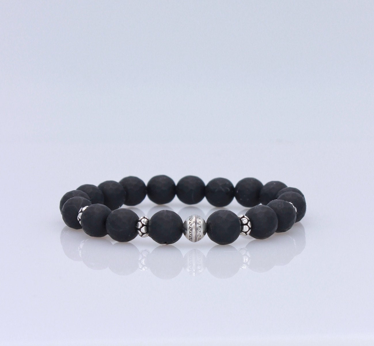 Faceted Onyx and Sterling silver Men’s Beaded Bracelet