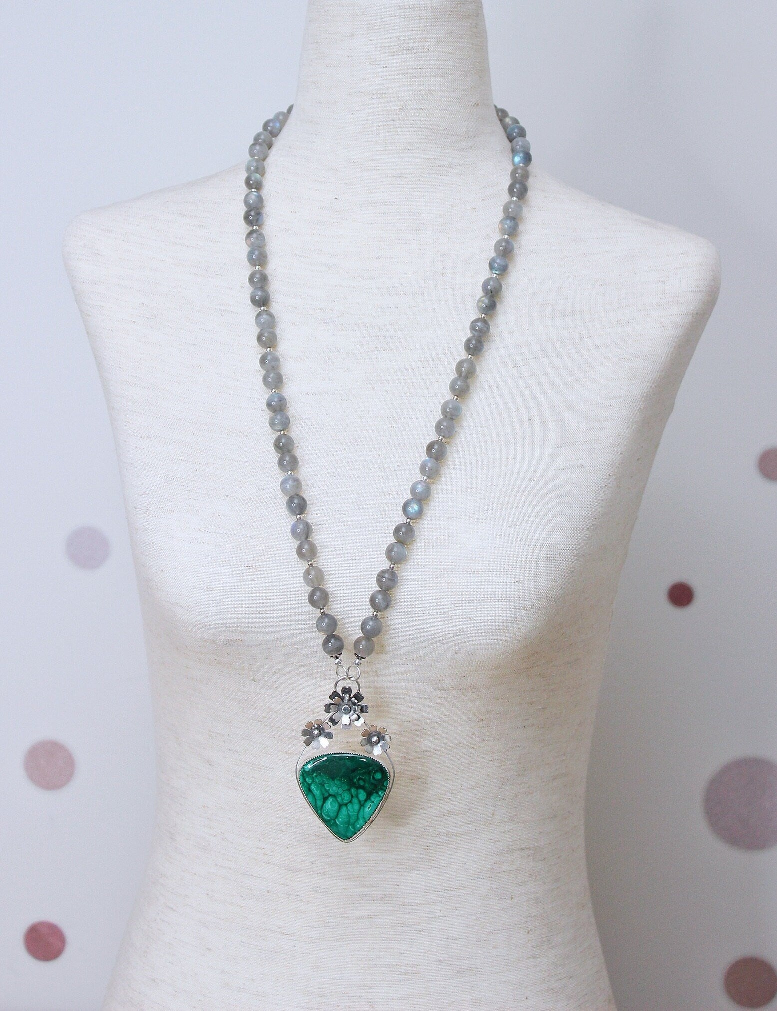 Malachite and Labradorite Sterling silver Beaded Necklace